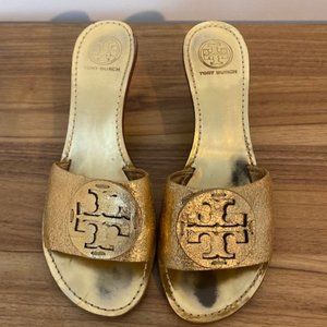 Gold Tory Burch Mules/Slides with Low Heal, Size 9.5